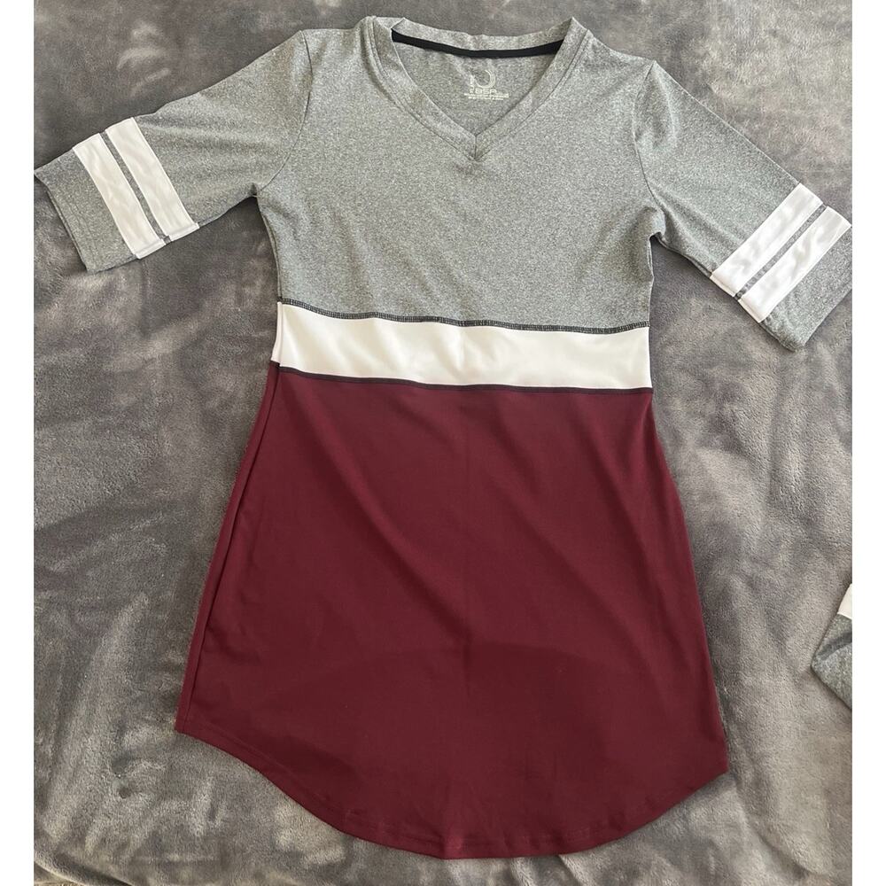 BSP Women's T-Shirt Dress Colorblock Gray White Burgundy Stripe V-Neck Short L